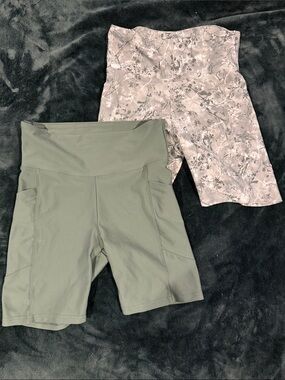 Two Pack High-Waist Green Printed & Green Women’s Active Shorts